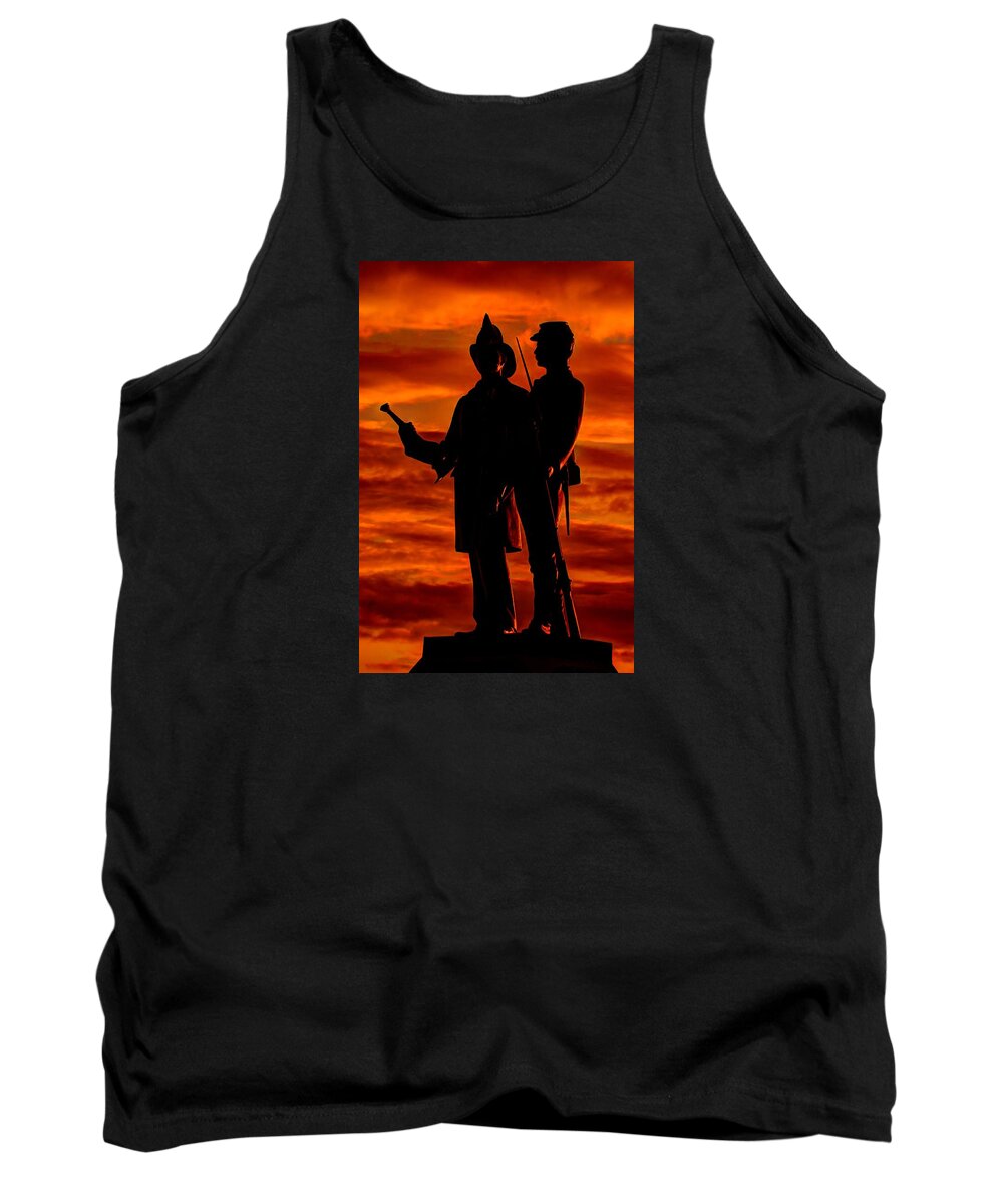 Civil War Tank Top featuring the photograph Sky Fire - 73rd NY Infantry Fourth Excelsior Second Fire Zouaves-B1 Sunrise Autumn Gettysburg by Michael Mazaika