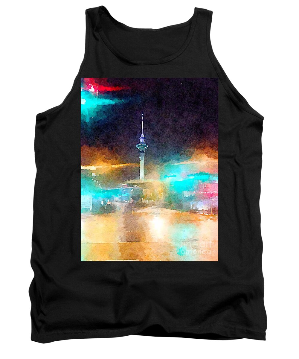 Sky Tower Tank Top featuring the painting Sky Tower by night by HELGE Art Gallery