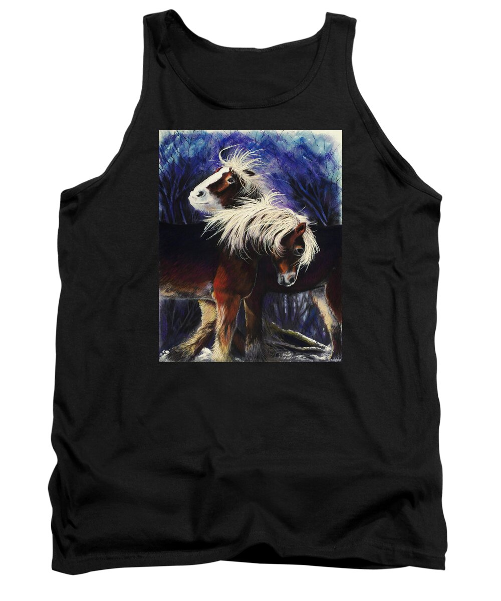 Horse Pony Ponies Horses Snow Winter Purple Shetland Shaggy Companionship Love Windy Tousled Red Animals Nature Tank Top featuring the pastel Snow Ponies by Brenda Salamone