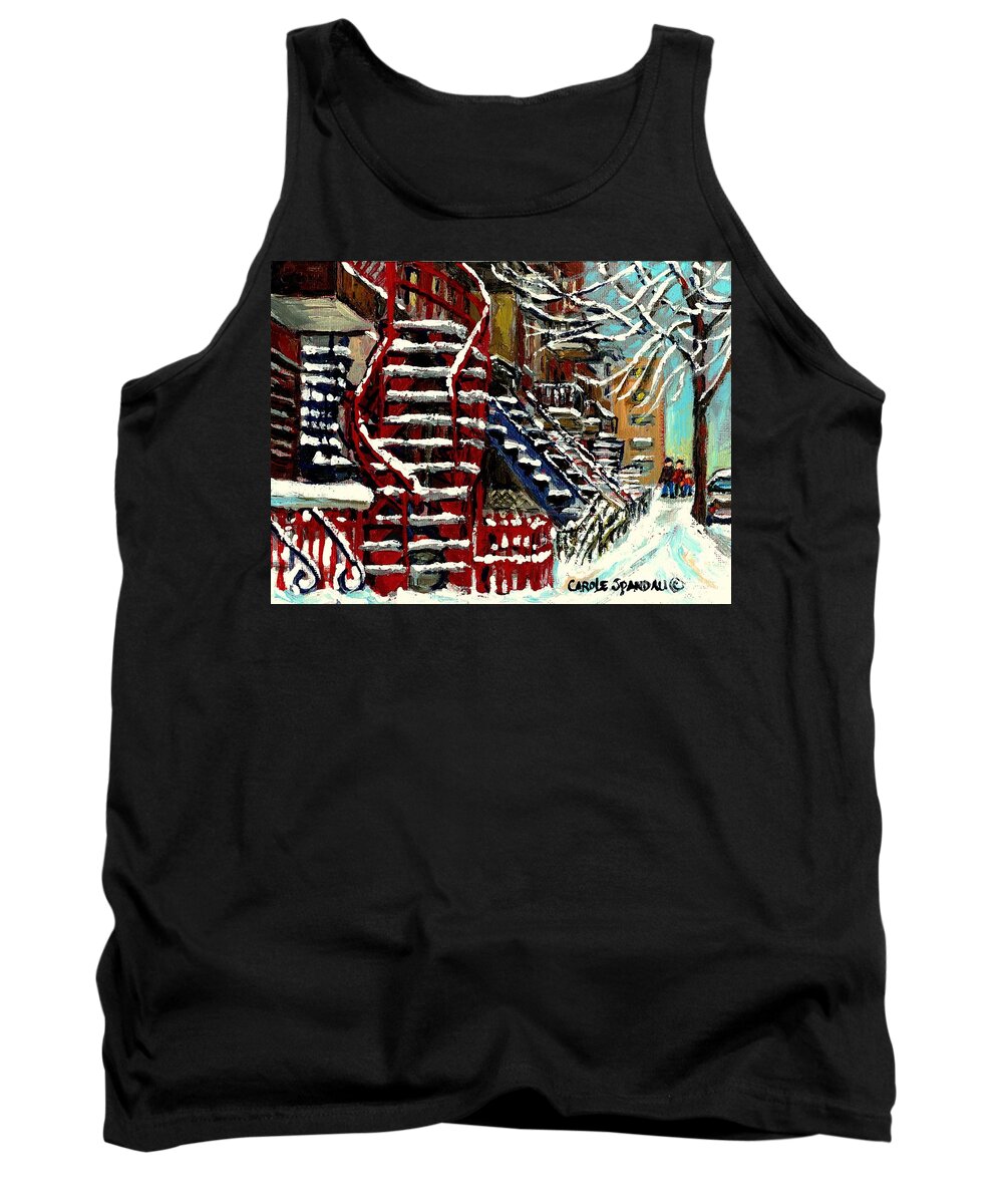 Montreal Tank Top featuring the painting Snowy Steps The Red Staircase In Winter In Verdun Montreal Paintings City Scene Art Carole Spandau by Carole Spandau