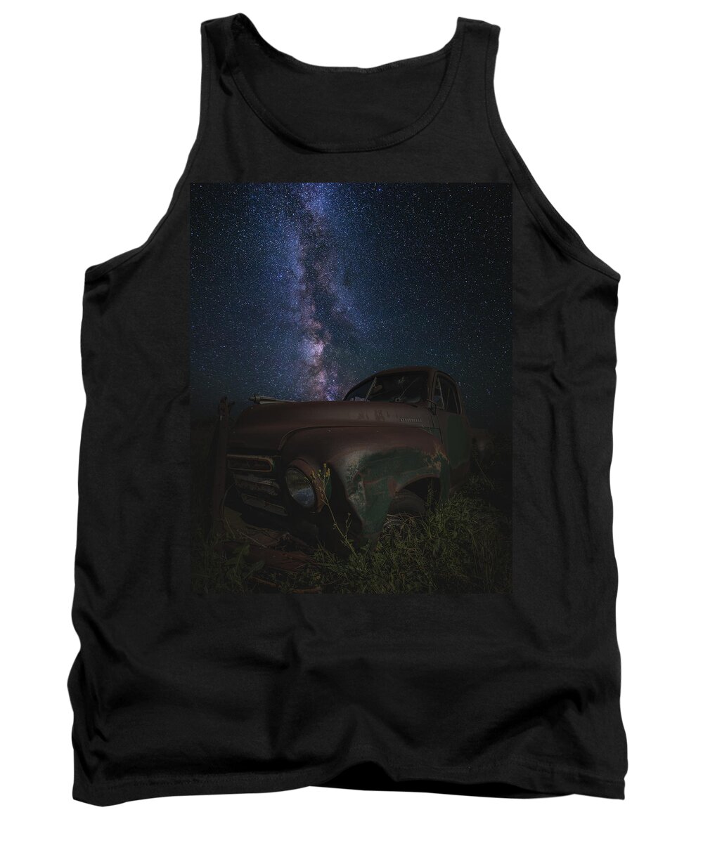 #abandoned #astroart #astronomy #astrophotographer #astrophotography #cosmos #decay #forgotten Tank Top featuring the photograph Stardust and Rust Studebaker by Aaron J Groen