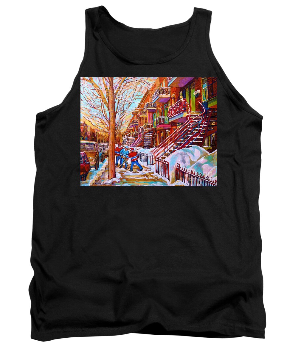Montreal Tank Top featuring the painting Street Hockey Game In Montreal Winter Scene With Winding Staircases Painting By Carole Spandau by Carole Spandau