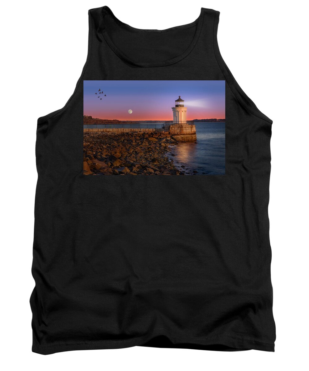 Bug Light Tank Top featuring the photograph Sunrise at Bug Light by Susan Candelario