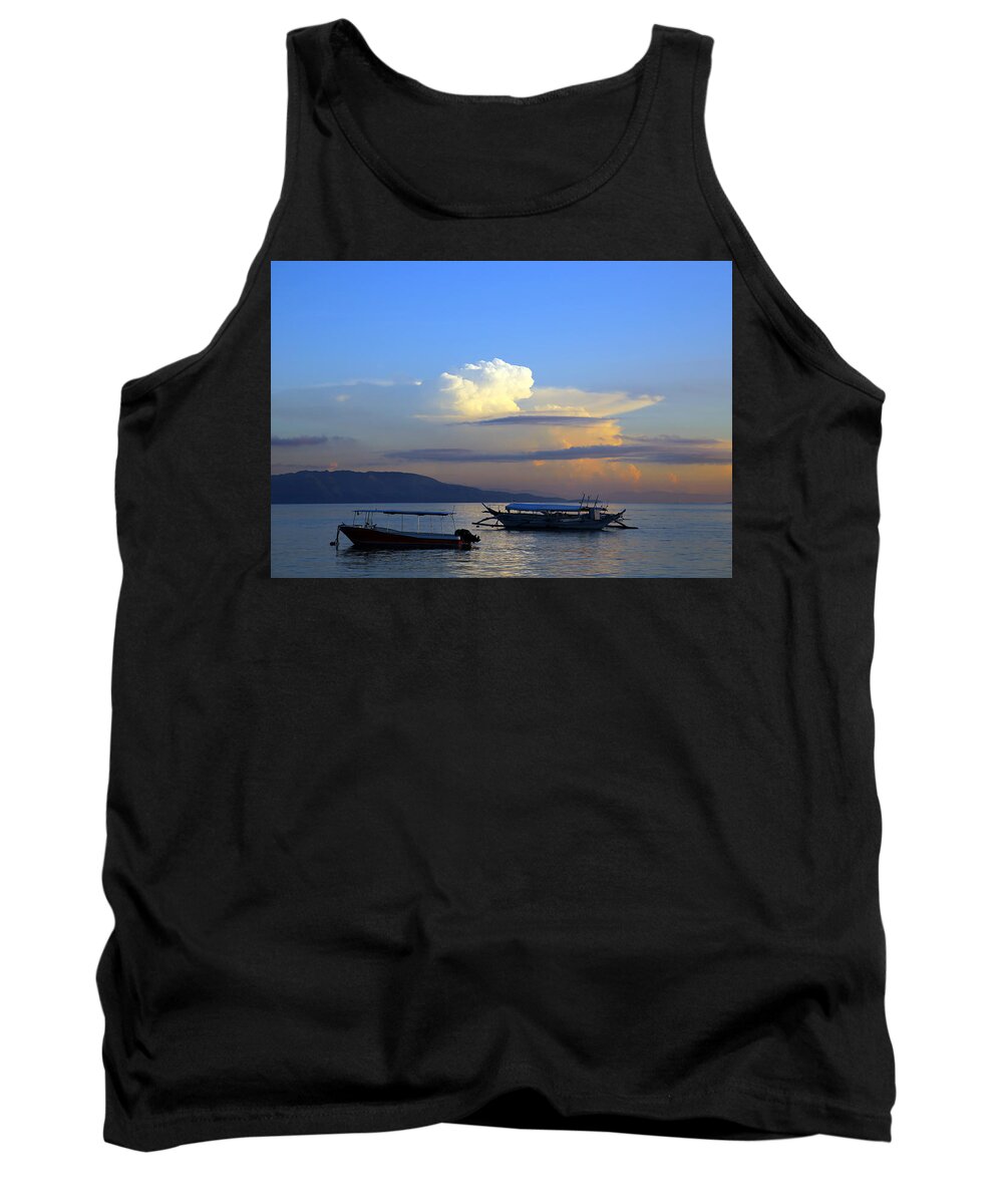 Sunrise Tank Top featuring the photograph Sunrise with outrigger boats by Paul Ranky