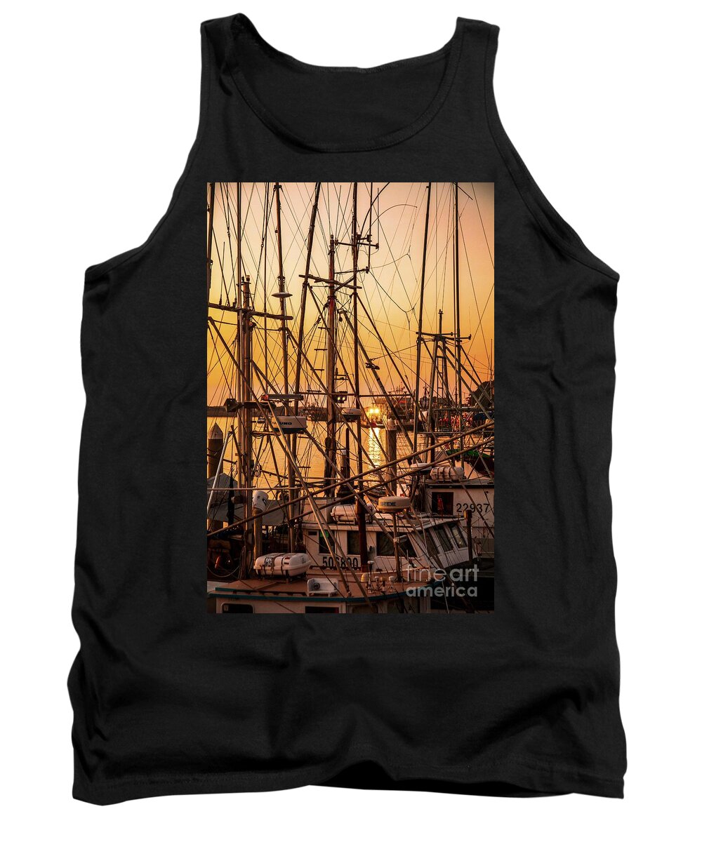Sunset Boat Dock Tank Top featuring the photograph Sunset Boat Masts at Dock Morro Bay Marina Fine Art Photography Print sale by Jerry Cowart