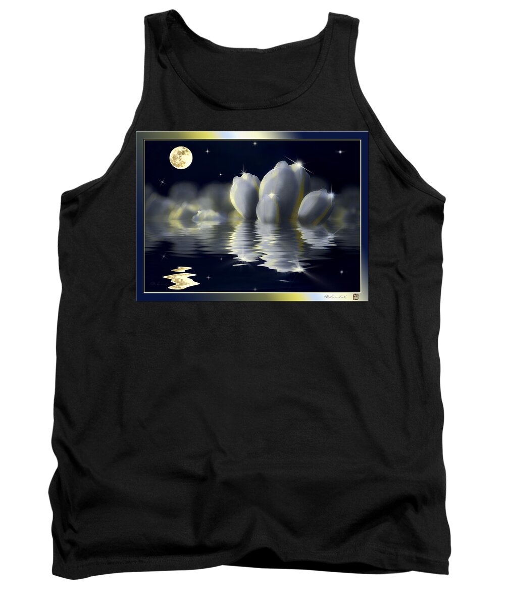 White Tulips And Moon Tank Top featuring the mixed media Tulips and Moon reflection by Peter V Quenter
