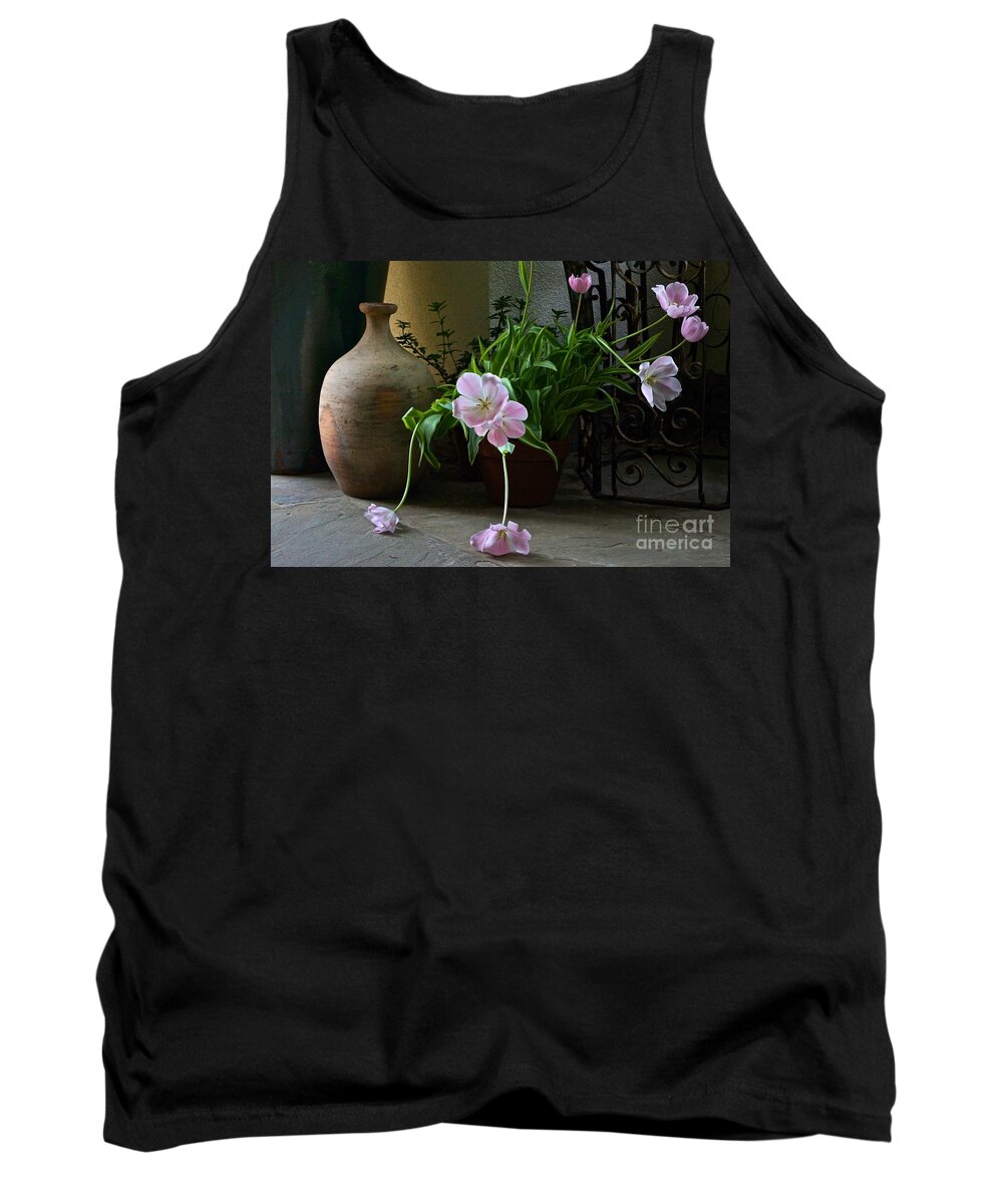 Tulip Still Life Tank Top featuring the photograph Tulips with Earthenware Jar and Wrought Iron by Byron Varvarigos
