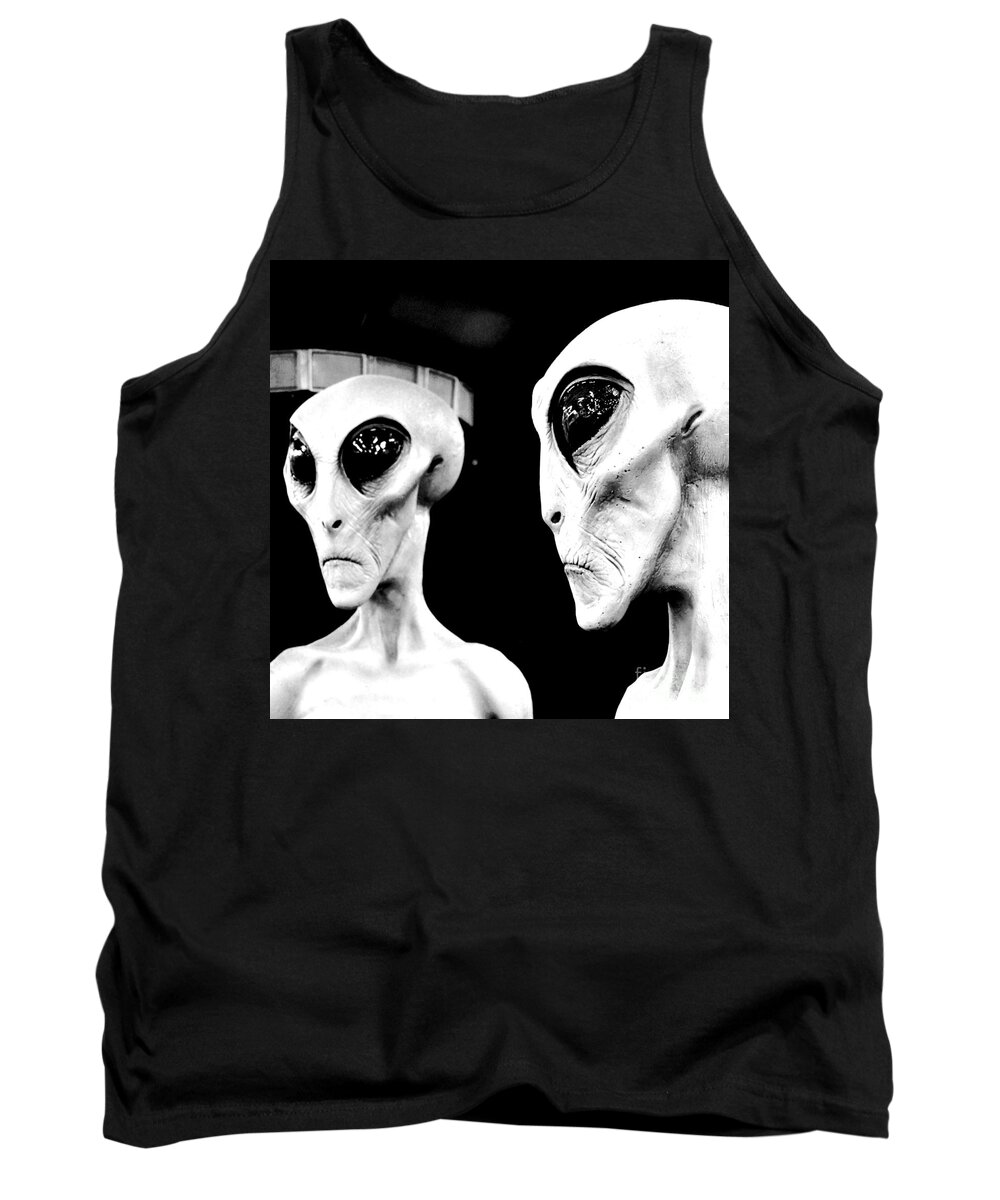 Alien Tank Top featuring the digital art Two Grey Aliens Science Fiction Square Format Black and White Conte Crayon Digital Art by Shawn O'Brien