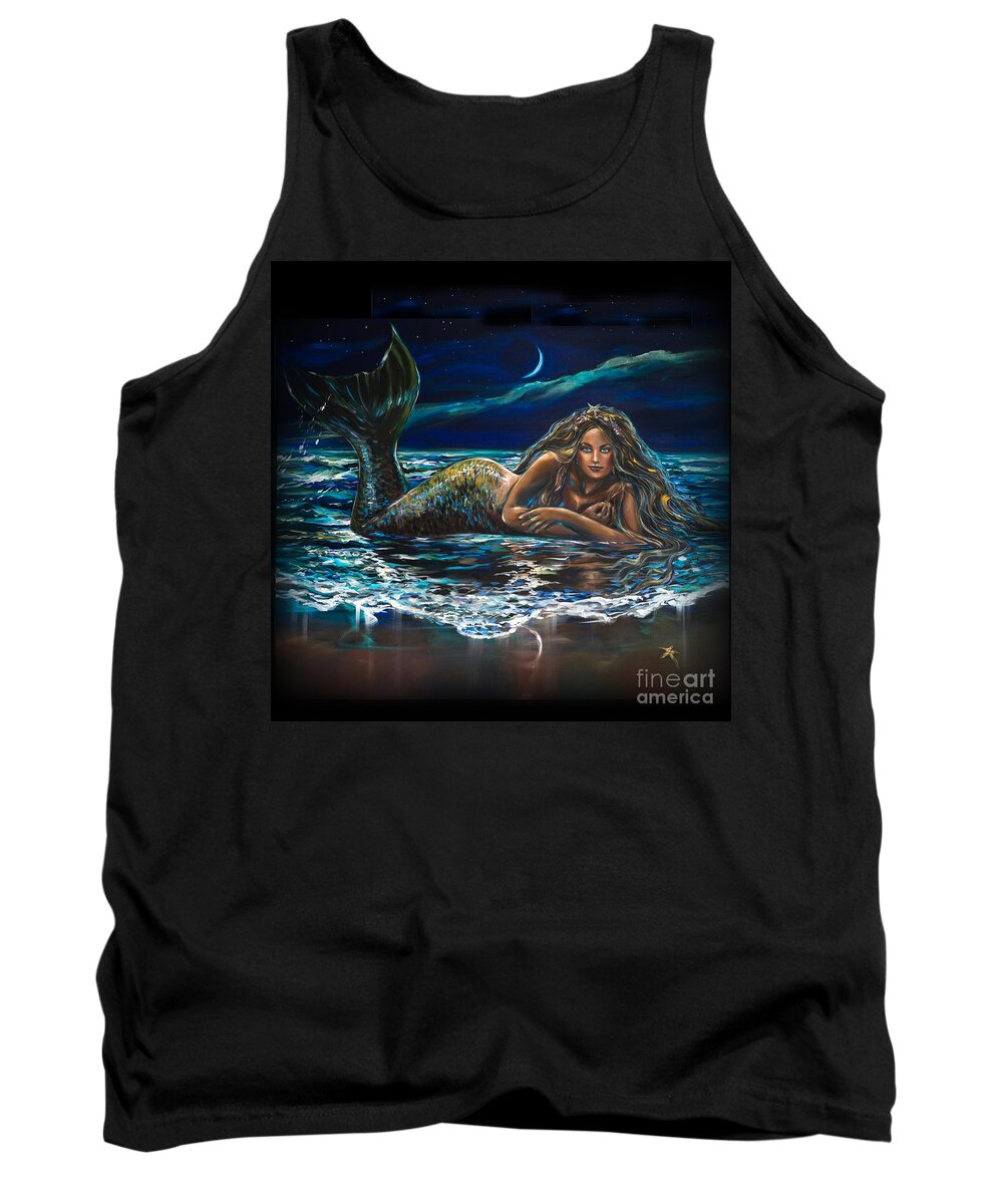 Mermaid Tank Top featuring the painting Under a Crescent Moon Mermaid Pillow by Linda Olsen