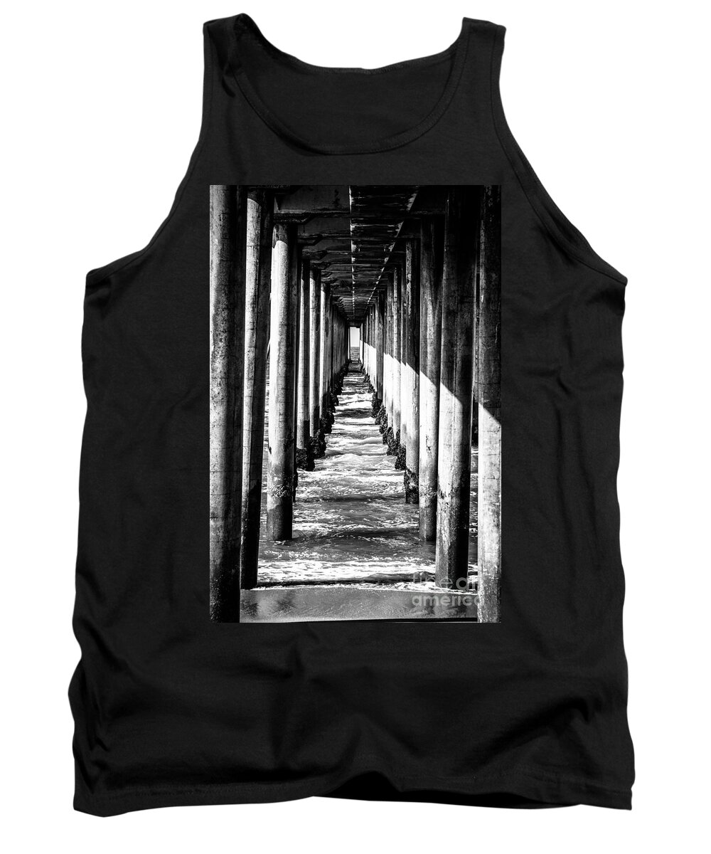 America Tank Top featuring the photograph Under Huntington Beach Pier Black and White Picture by Paul Velgos