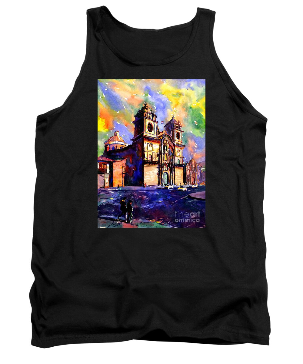 Tank Top featuring the painting Watercolor painting of Church on the Plaza de Armas Cusco Peru by Ryan Fox
