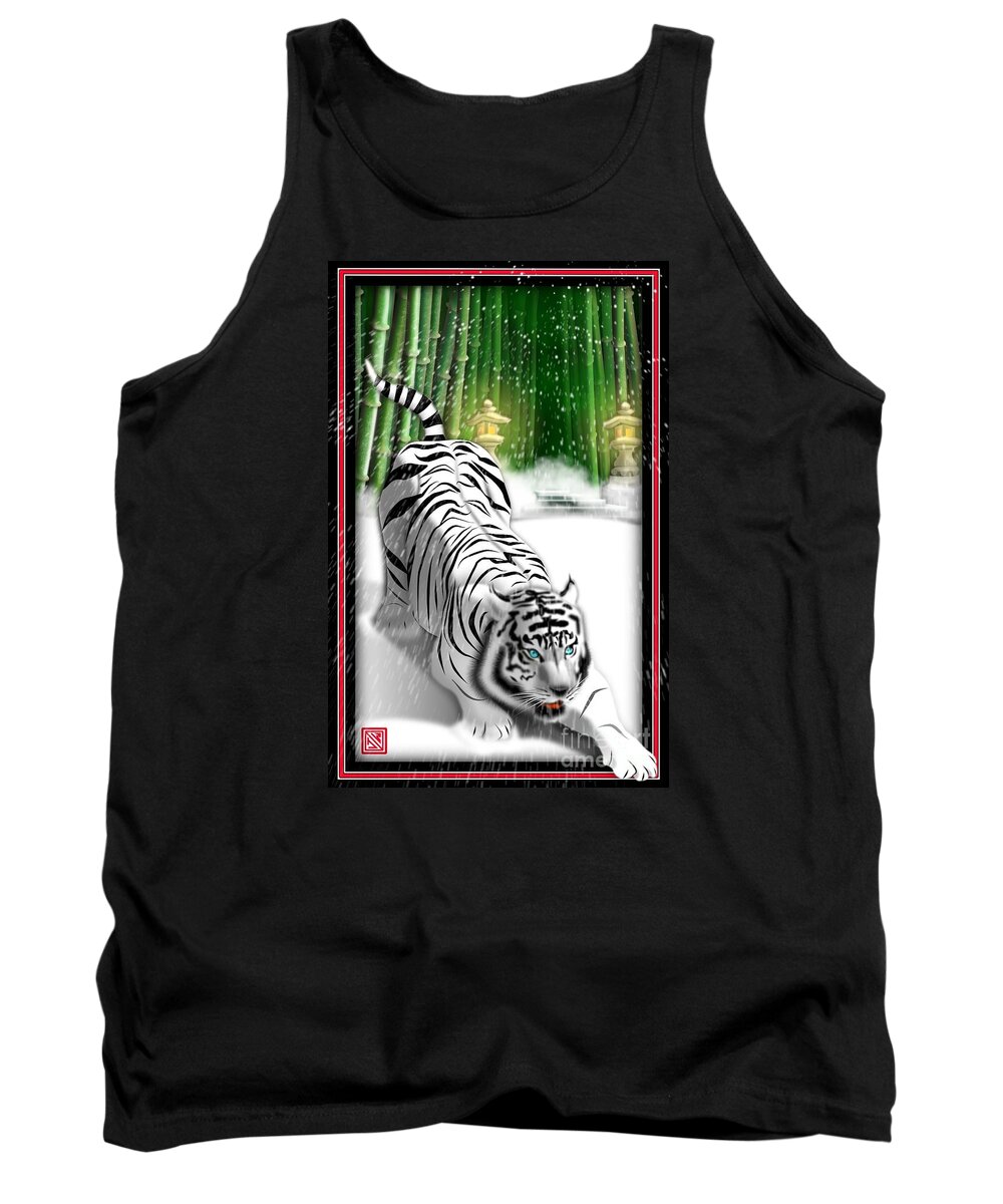 White Tiger Bamboo Mystical Forest China Bamboo Digital Tiger Painting Tiger Print White Tiger Snow Tiger Ancient Bamboo Forest Protective Tiger Defending Tiger Digital Tiger And Bamboo Bengal Tiger Painting Tank Top featuring the digital art White Tiger Guardian by John Wills