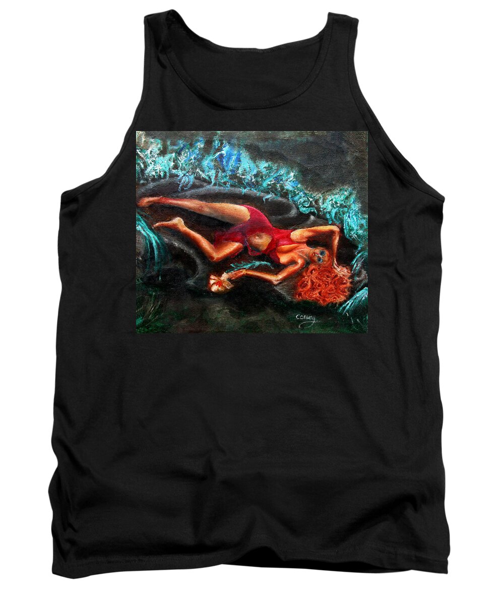 Females Tank Top featuring the painting Woman in a red dress holding a flower by Tom Conway