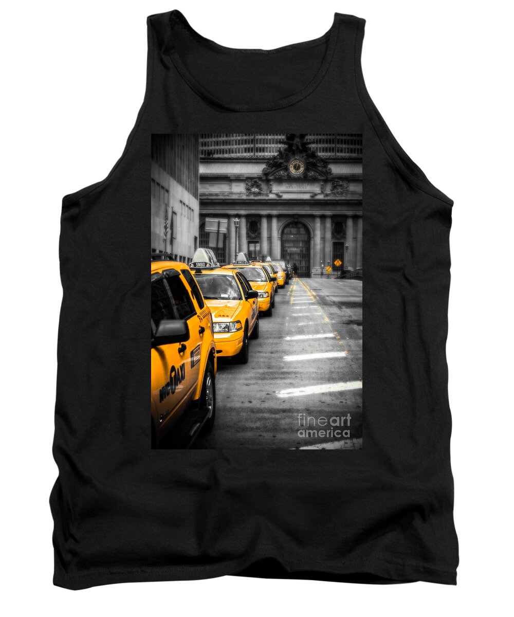 Nyc Tank Top featuring the photograph Yellow Cabs waiting - Grand Central Terminal - bw o by Hannes Cmarits