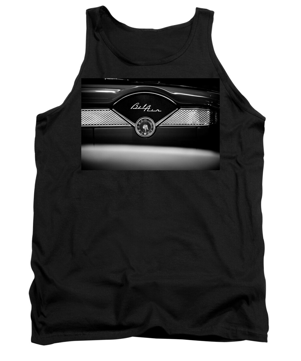 1955 Bel Air Tank Top featuring the photograph 1955 Chevy Bel Air Glow Compartment in Black and White by Sebastian Musial