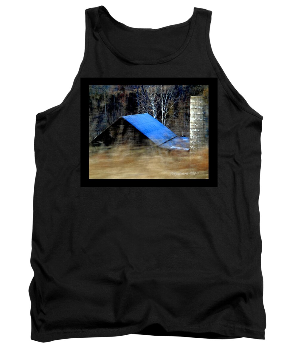 Barn Tank Top featuring the photograph 'Blue Roof Barn' by PJQandFriends Photography
