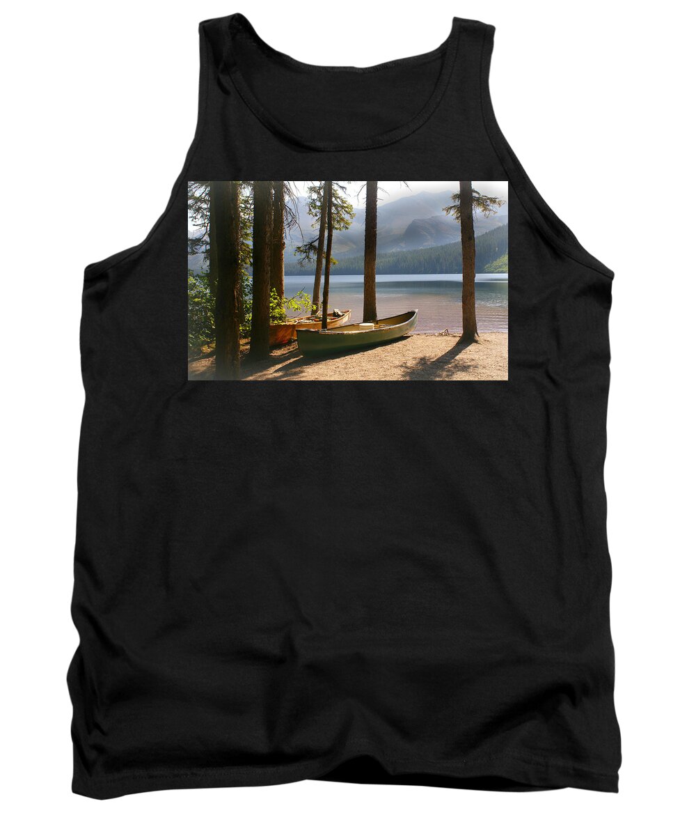 Glacier National Park Tank Top featuring the photograph Canoes At The Ready by Marty Koch
