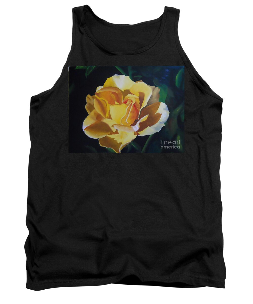 Goldne Showers Rose Tank Top featuring the painting Golden Showers Rose by Yenni Harrison