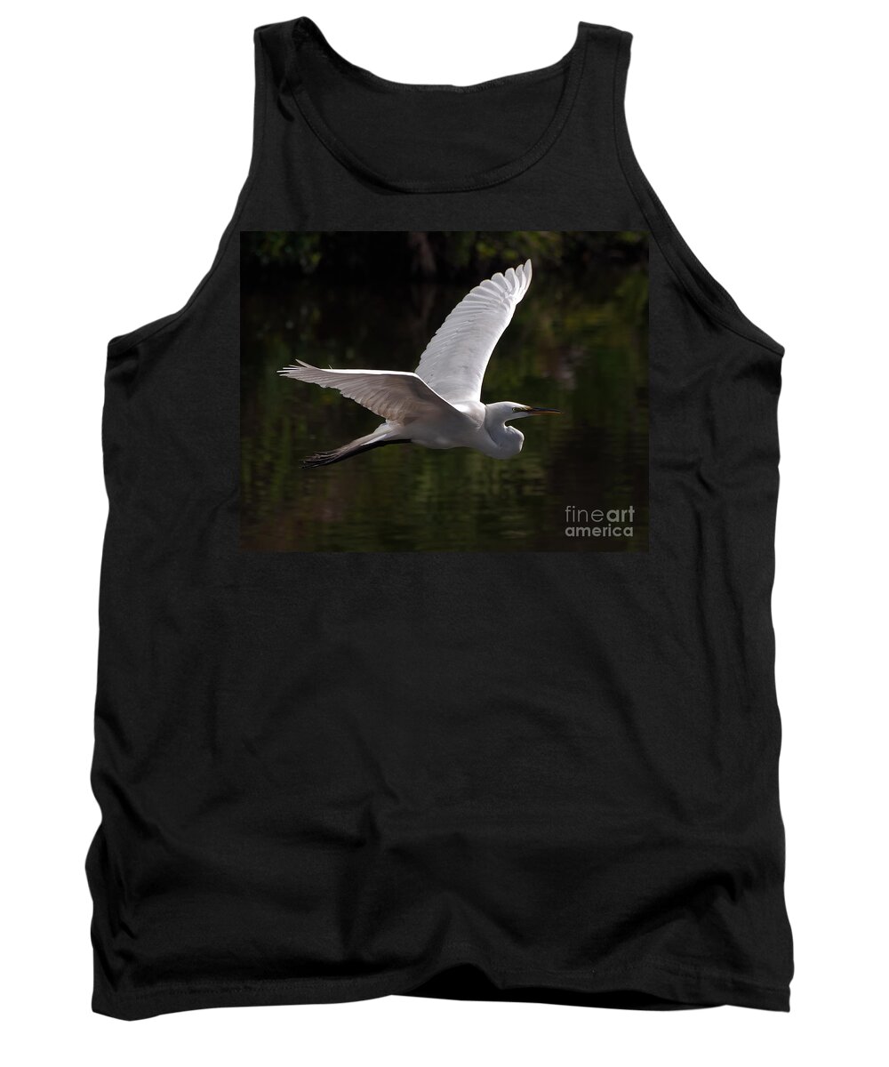 Egret Tank Top featuring the photograph Great Egret flying by Art Whitton