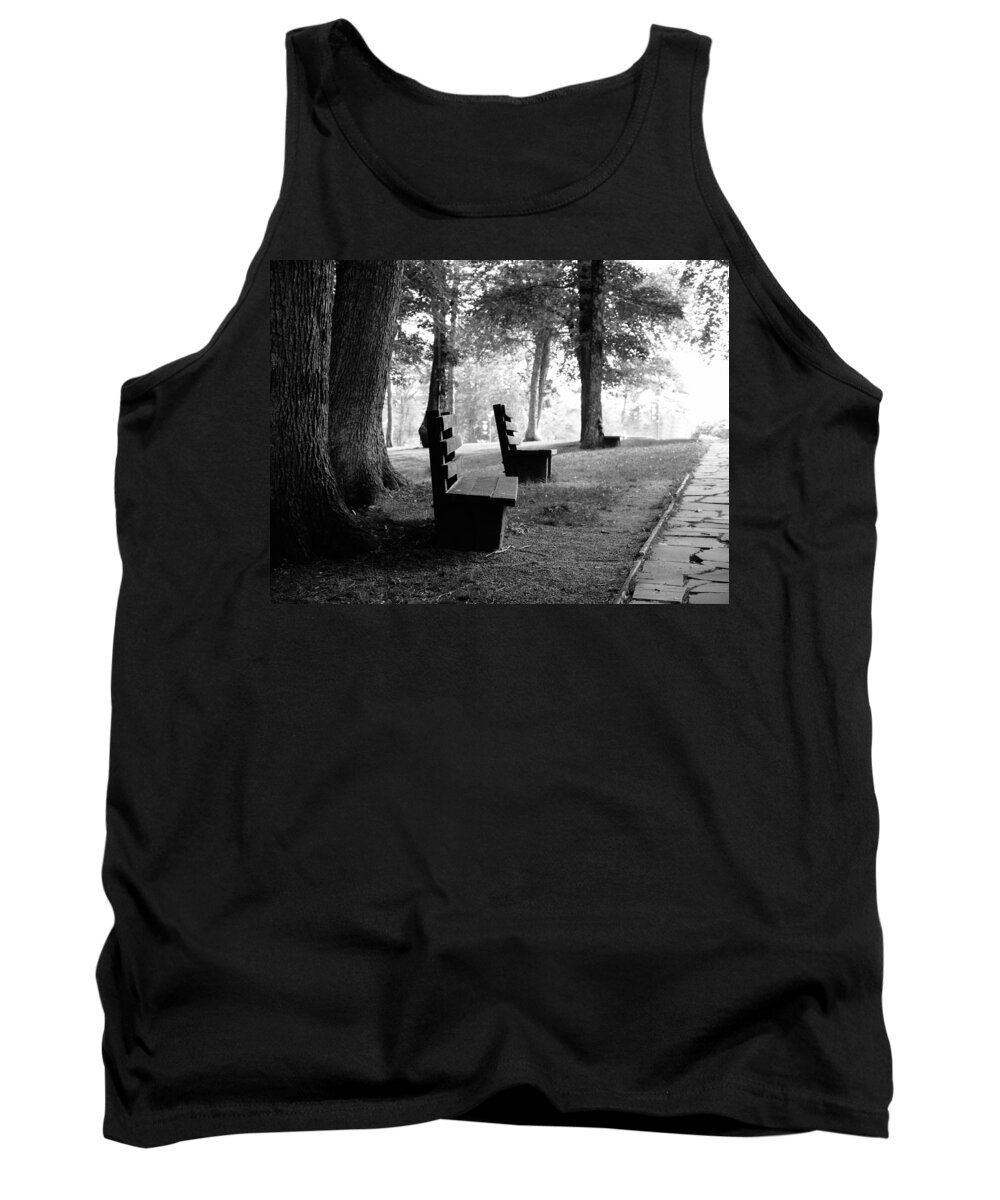 Black And White Tank Top featuring the photograph Park Bench in Black and White by Lisa Lambert-Shank