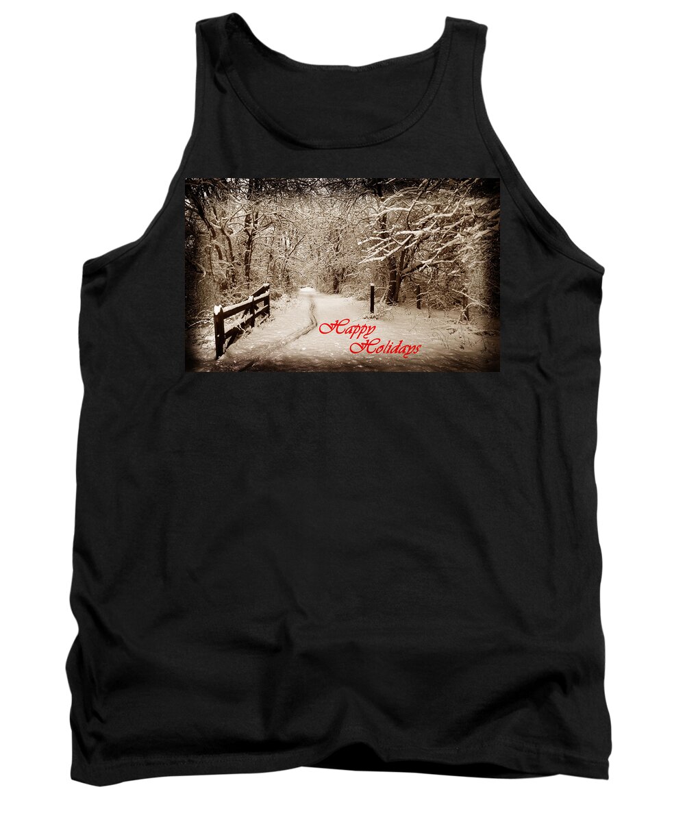 Christmas Tank Top featuring the photograph Snowy Trail Sepia Holidays by Skip Willits