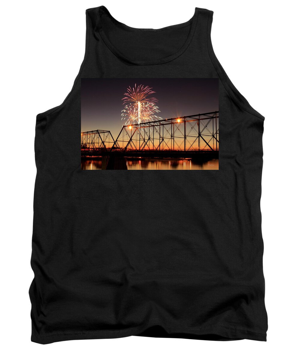 Bridge Tank Top featuring the photograph Sunset and Fireworks by Deborah Crew-Johnson