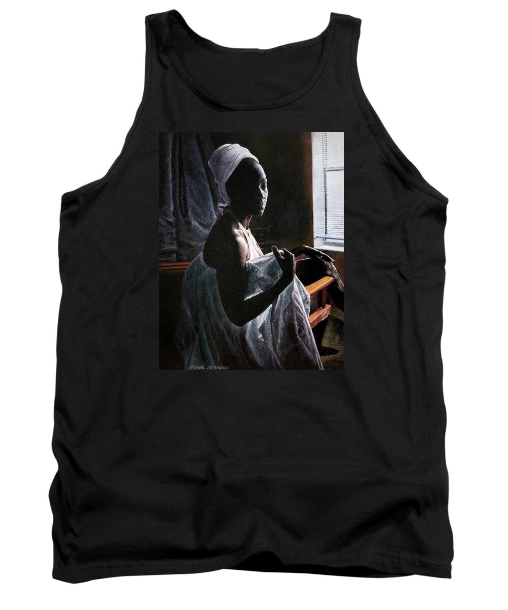 Backlit Tank Top featuring the drawing Alicia at the Window #1 by Frank Zampardi