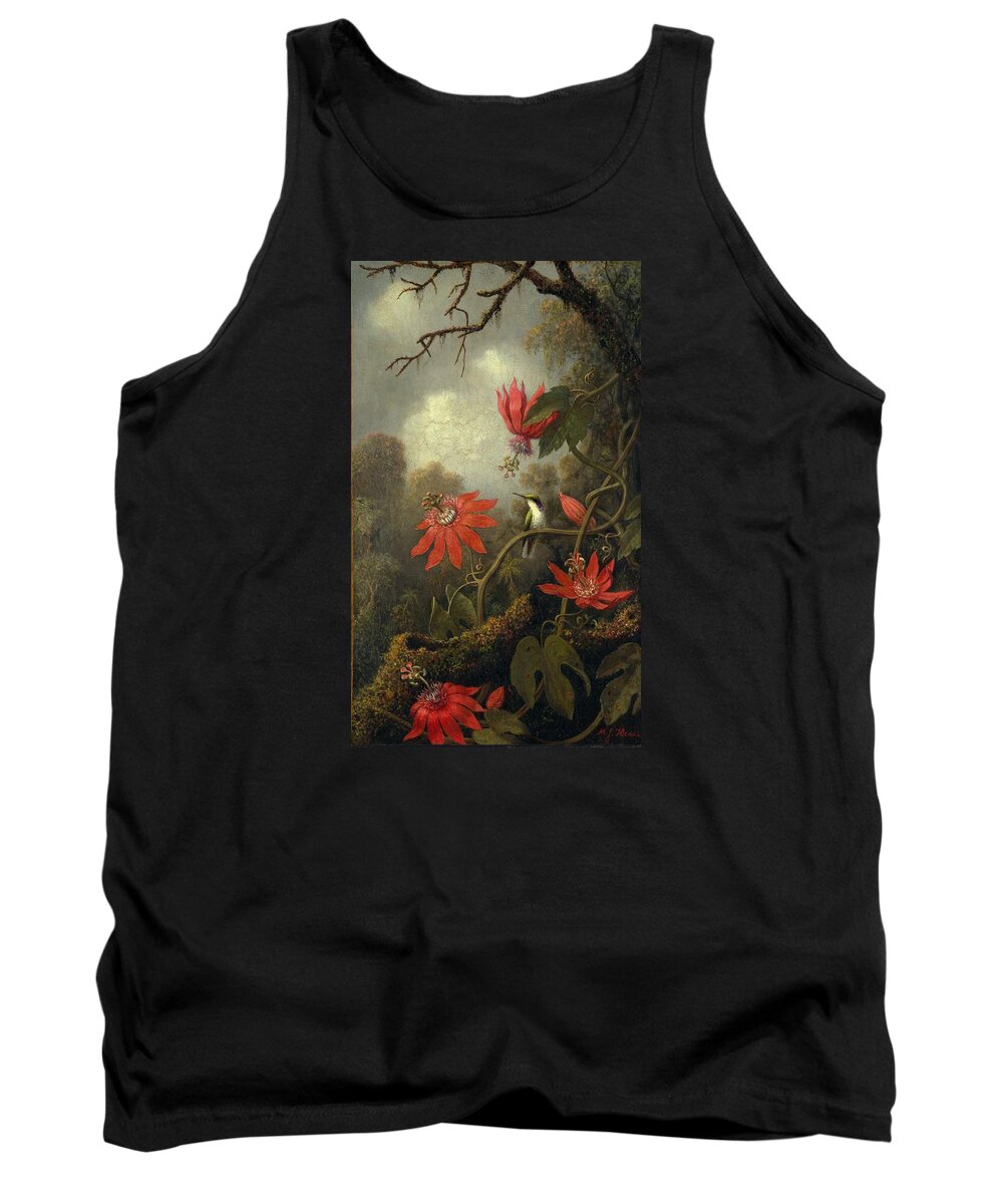 Martin Johnson Heade Tank Top featuring the painting Hummingbird And Passionflowers by Martin Johnson Heade