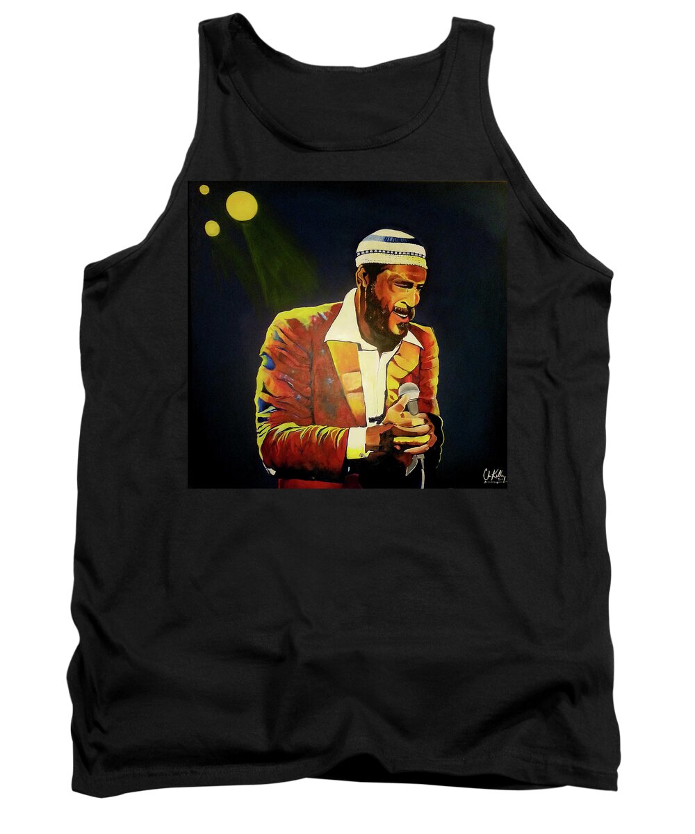 Marvin Gaye In A Performance Pose With Simple Spotlight Tank Top featuring the painting Mercy Mercy Me by Femme Blaicasso
