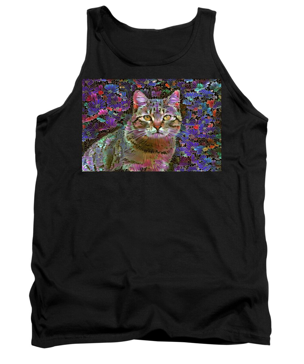 Colorful Cat Tank Top featuring the photograph The Cat Who Loved Flowers 2 by Peggy Collins