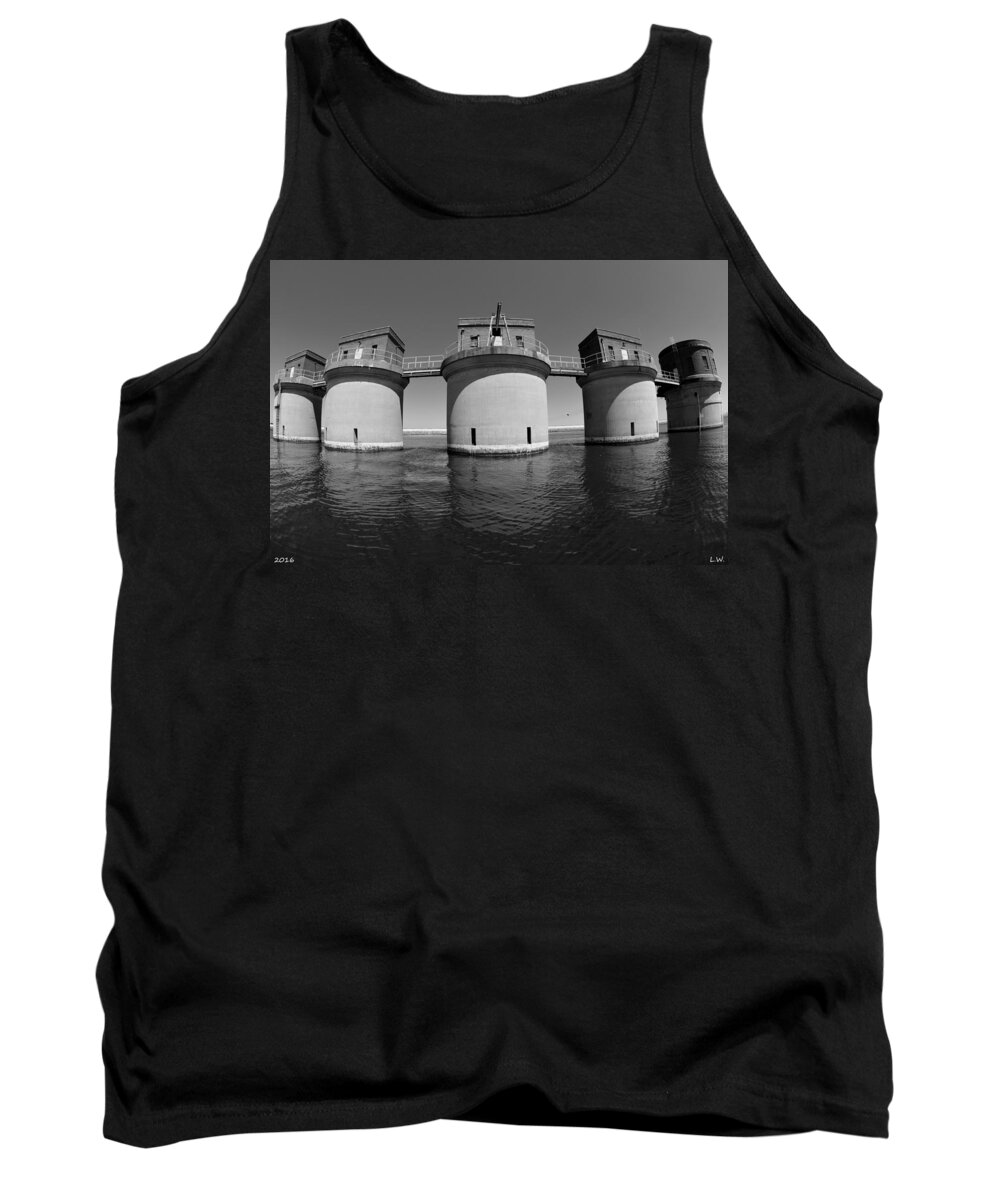 5 Towers At Dreher Shoals Dam On Lake Murray Sc Black And White Tank Top featuring the photograph 5 Towers At Dreher Shoals Dam On Lake Murray SC Black And White by Lisa Wooten