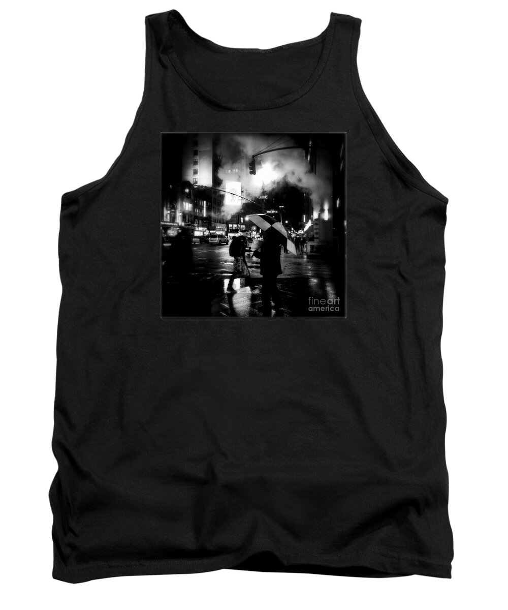 Street Photography Tank Top featuring the photograph A Foggy Night in New York Town - Checkered Umbrella by Miriam Danar