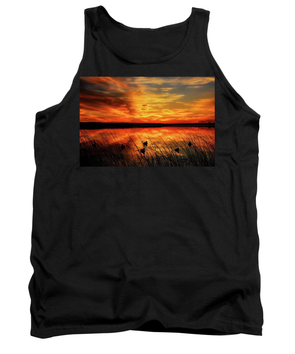 Hunt Tank Top featuring the photograph A Golden Sunrise Duck Hunt by Dale Kauzlaric