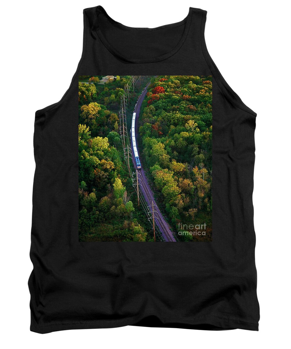 Aerial Tank Top featuring the photograph Aerial of commuter train by Tom Jelen
