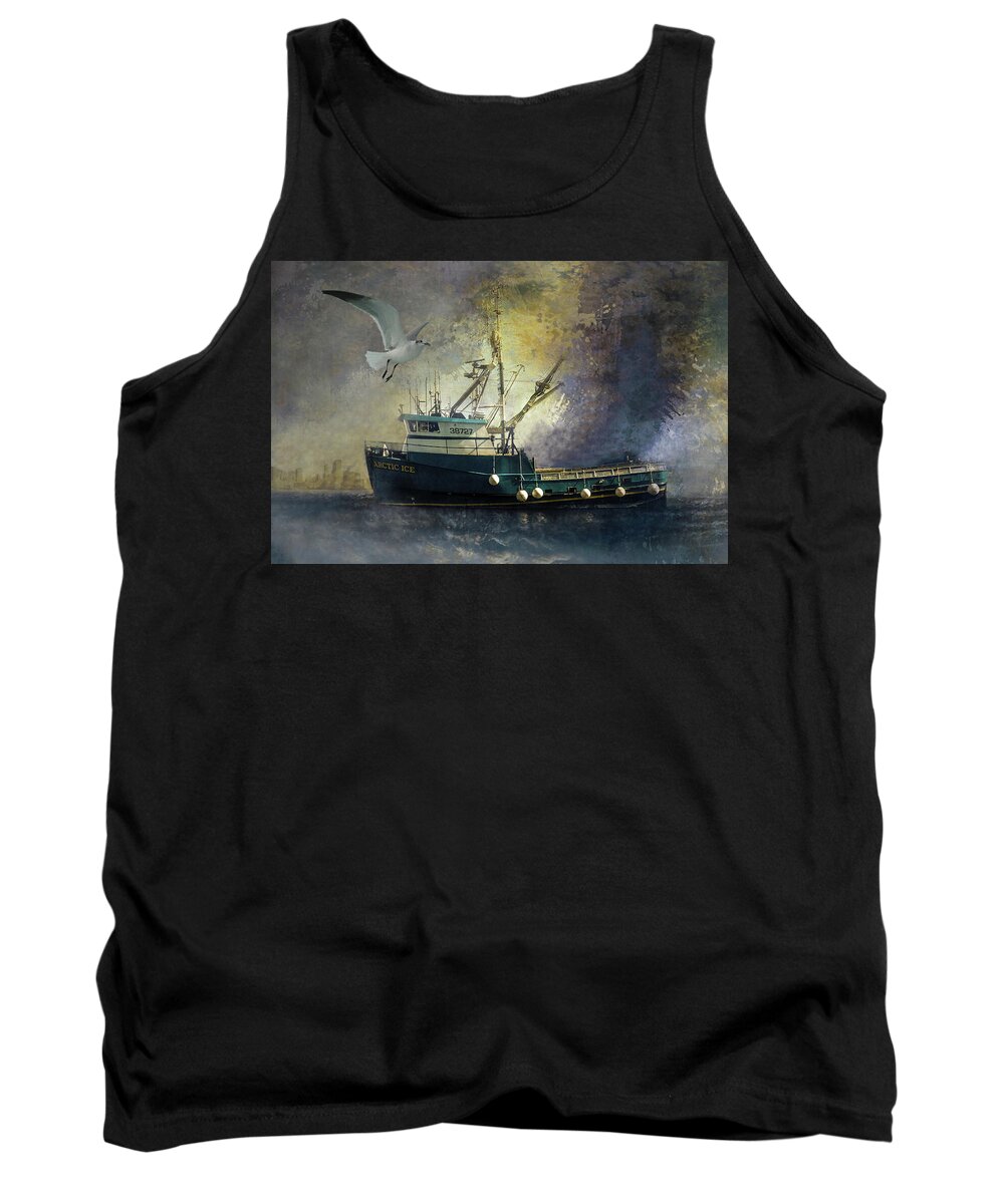 Fishing Vessel Tank Top featuring the digital art Artic Ice to Sea by Jeff Burgess
