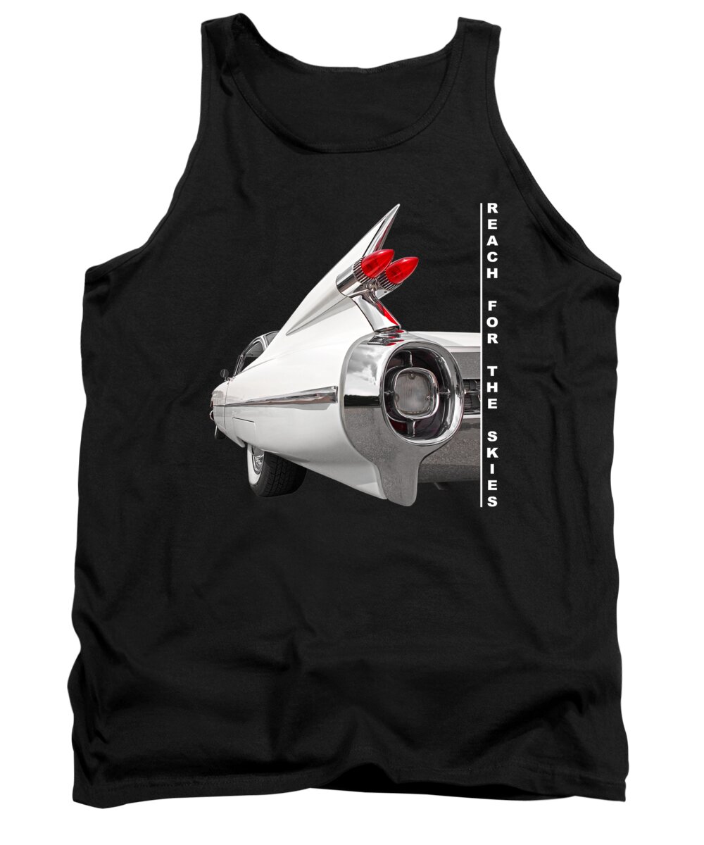 Cadillac Tank Top featuring the photograph Reach For The Skies - 1959 Cadillac Tail Fins Black and White by Gill Billington