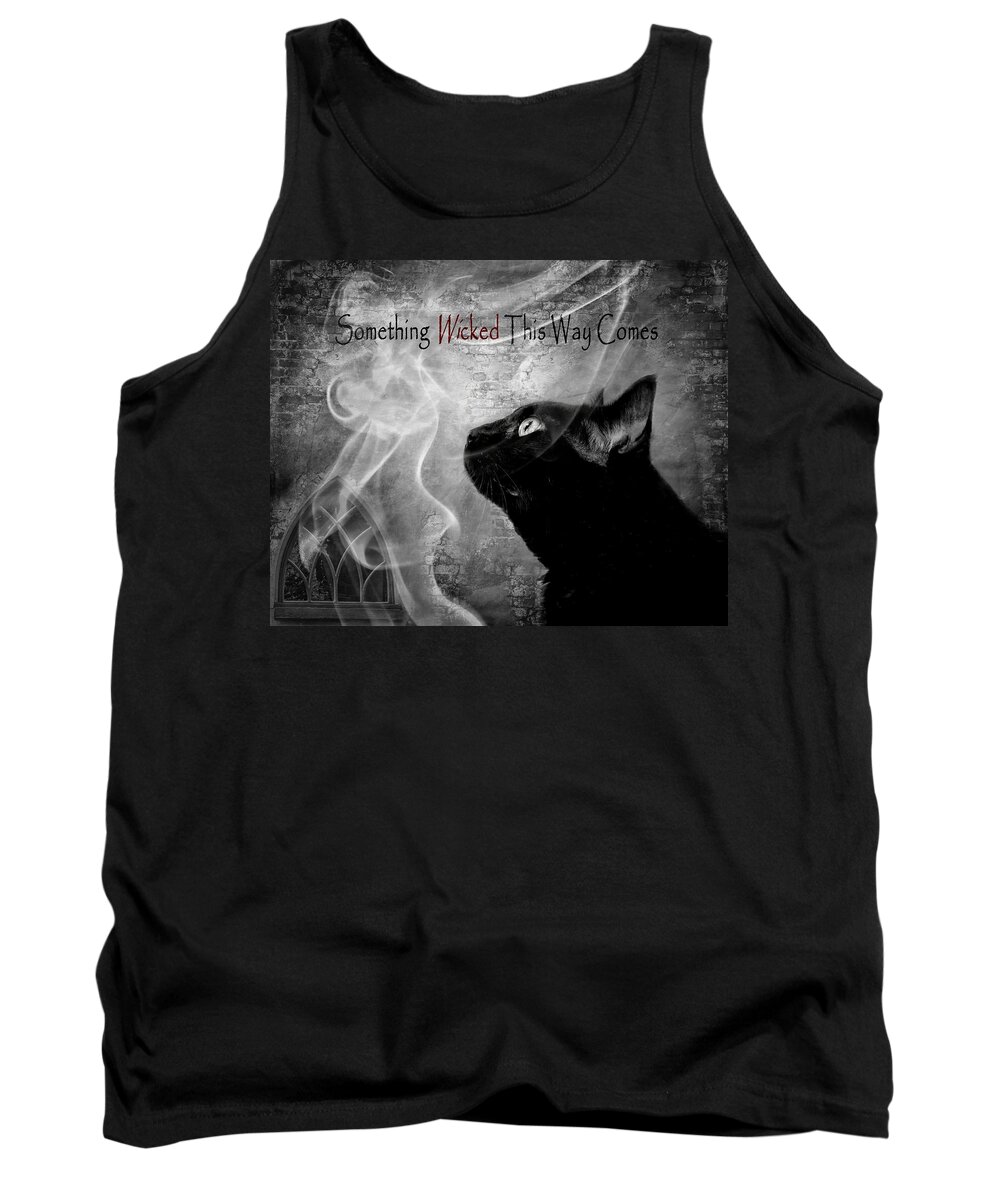 Black Cat Tank Top featuring the digital art Something Wicked, Black Cat Smoke Gothic Window by Melissa Bittinger