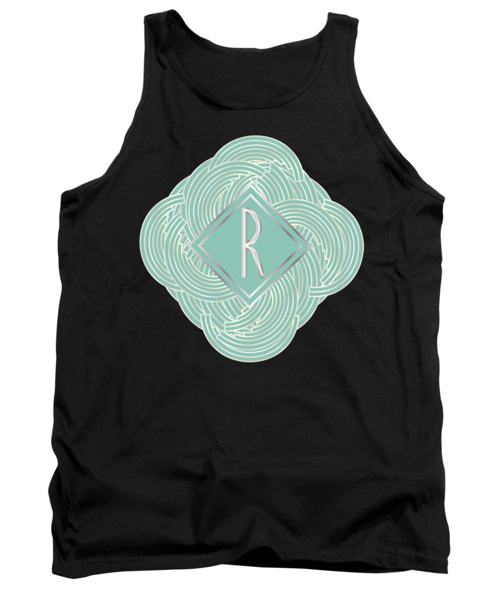 Monogrammed Tank Top featuring the digital art 1920s Blue Deco Jazz Swing Monogram ...letter R by Cecely Bloom