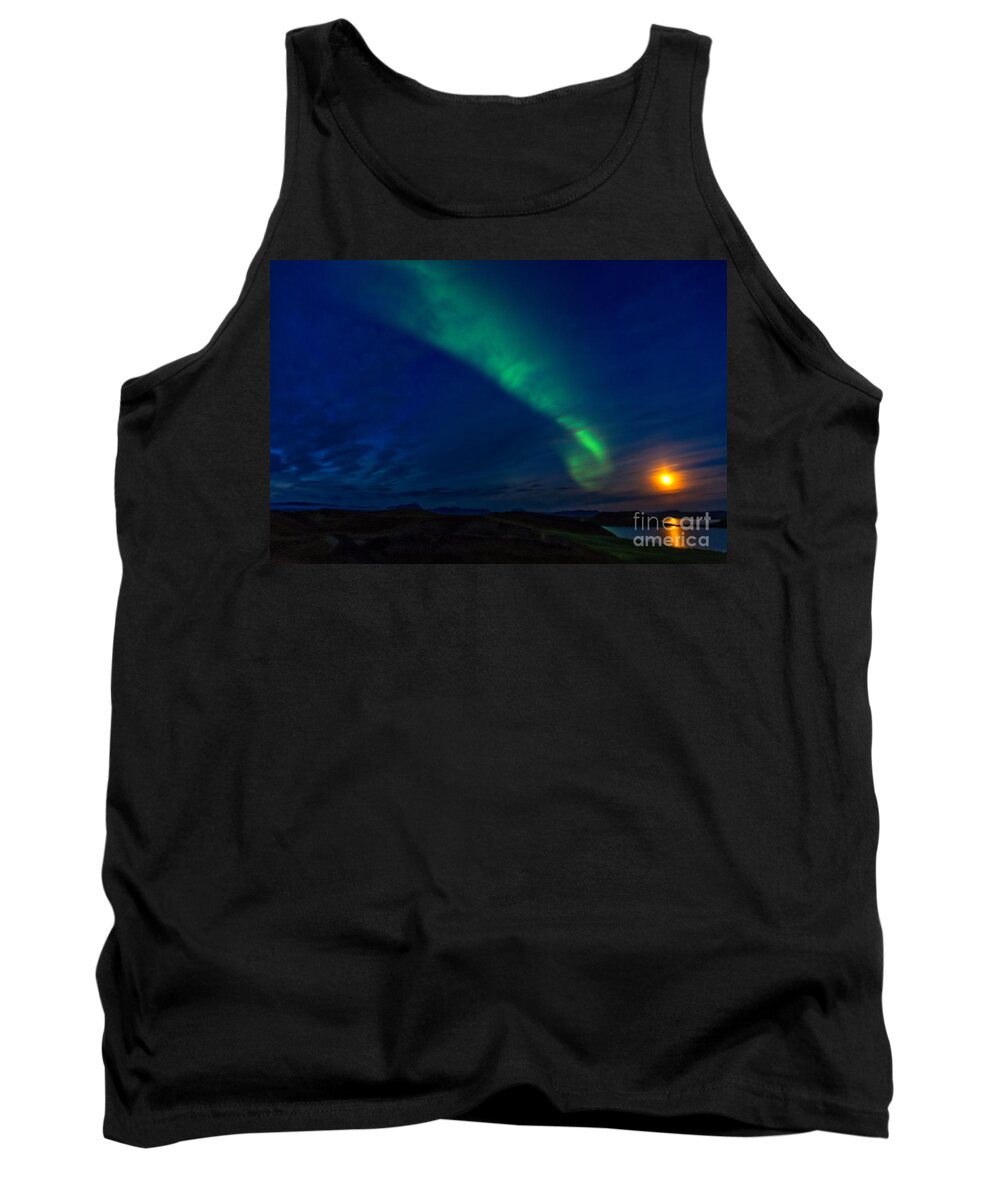 Iceland Tank Top featuring the photograph Aurora meets full moon by Izet Kapetanovic