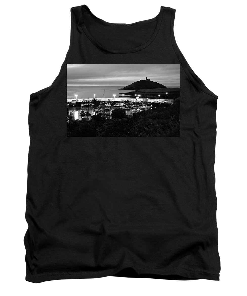 Travelpixpro Ireland Tank Top featuring the photograph Ballycotton Ireland Marina Harbour and Lighthouse East County Cork Black and White by Shawn O'Brien