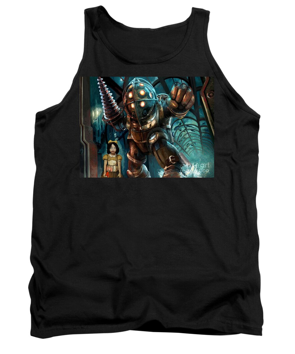 Bioshock Tank Top featuring the painting Bioshock Big Daddy and Little Sister Swimming with the Sharks by Jackie Case