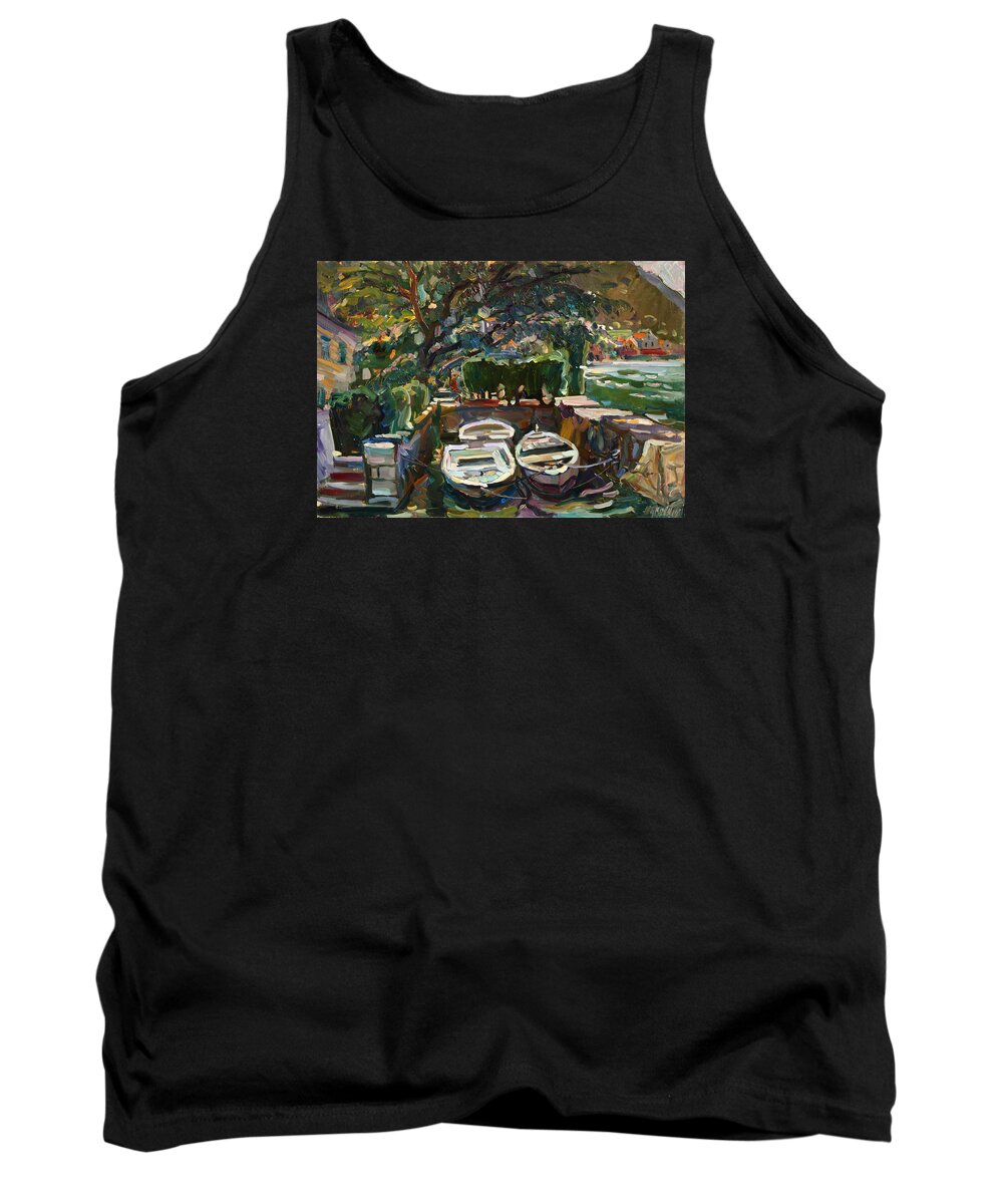 Plein Air Tank Top featuring the painting Boats at the pier. SOLD by Juliya Zhukova
