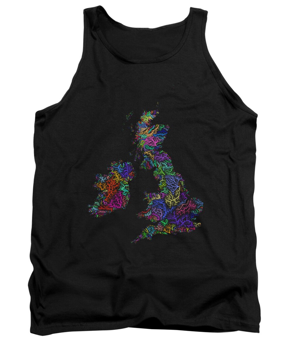Map Print Tank Top featuring the digital art British Isles river basins in rainbow colours by Grasshopper Geography