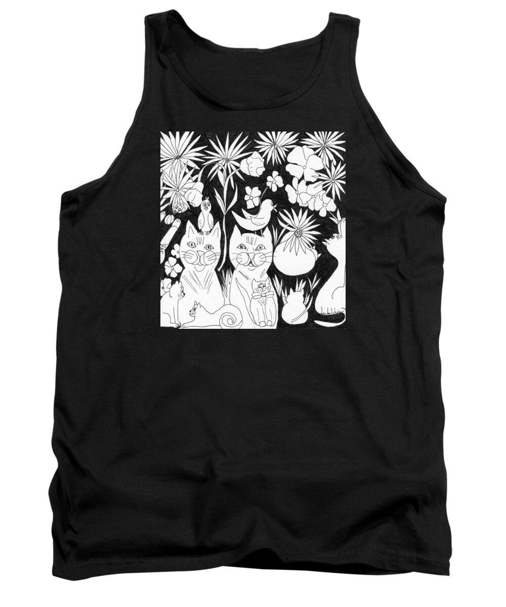 Cats Tank Top featuring the drawing Cats in the Garden by Lou Belcher