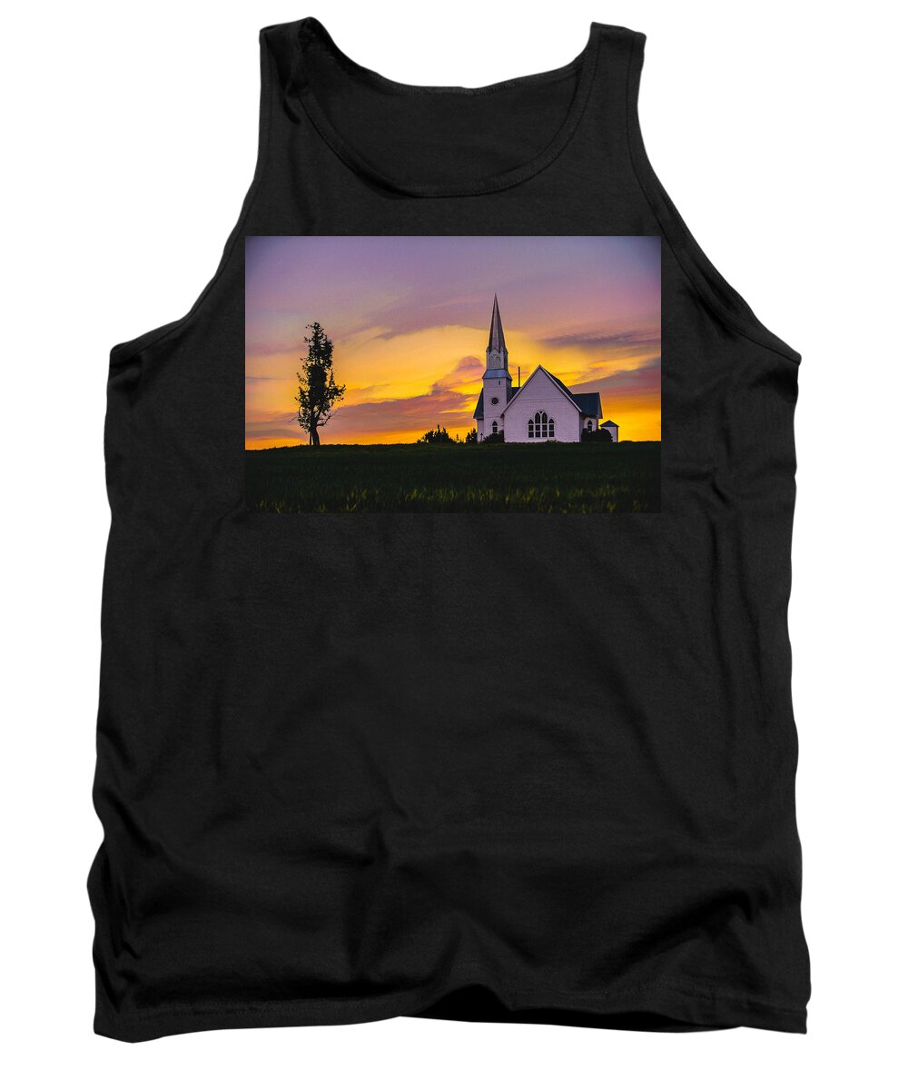 Landscape Tank Top featuring the photograph Church in wheat field by Hisao Mogi