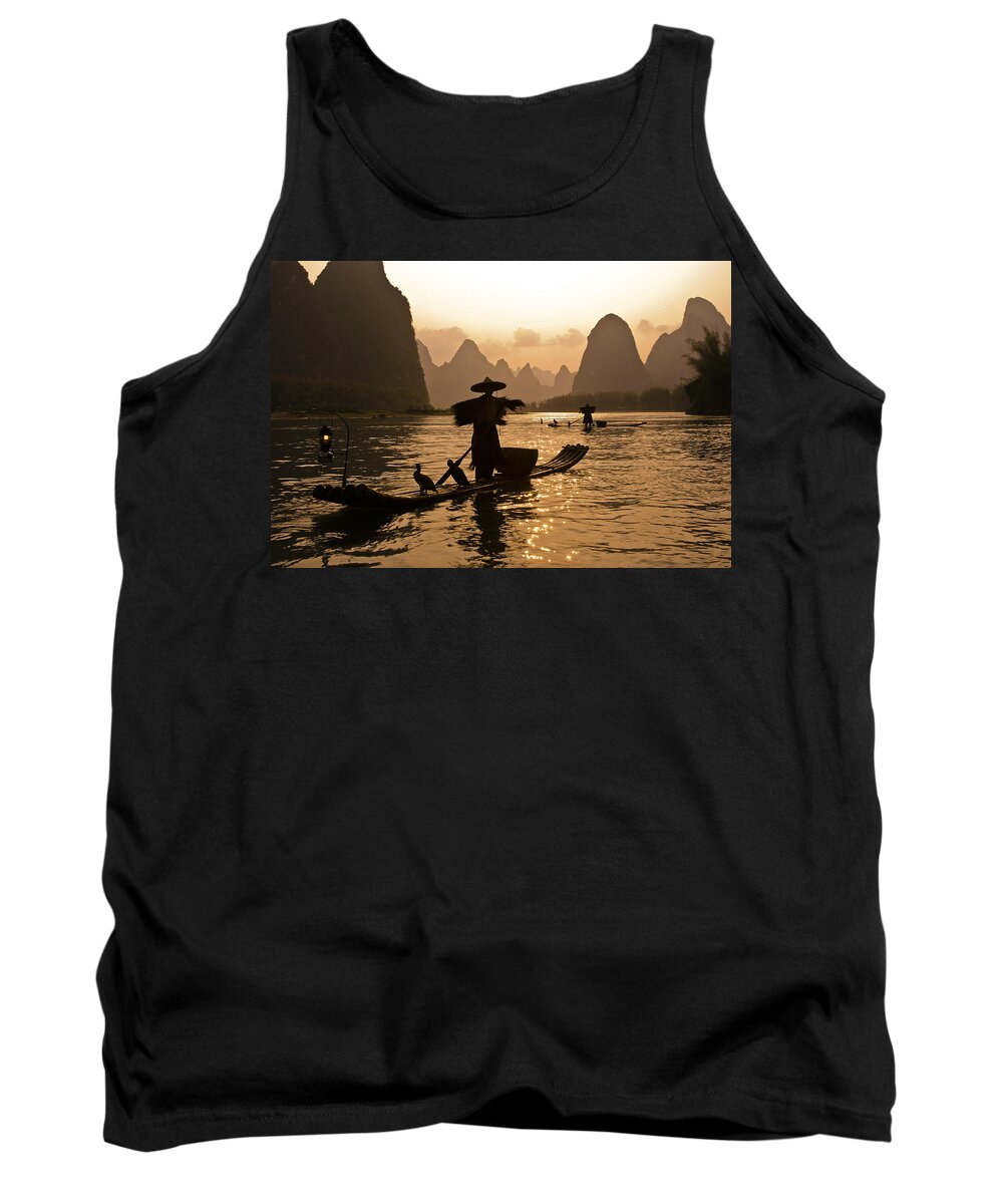 Asia Tank Top featuring the photograph Cormorant Fisherman at Sunset by Michele Burgess