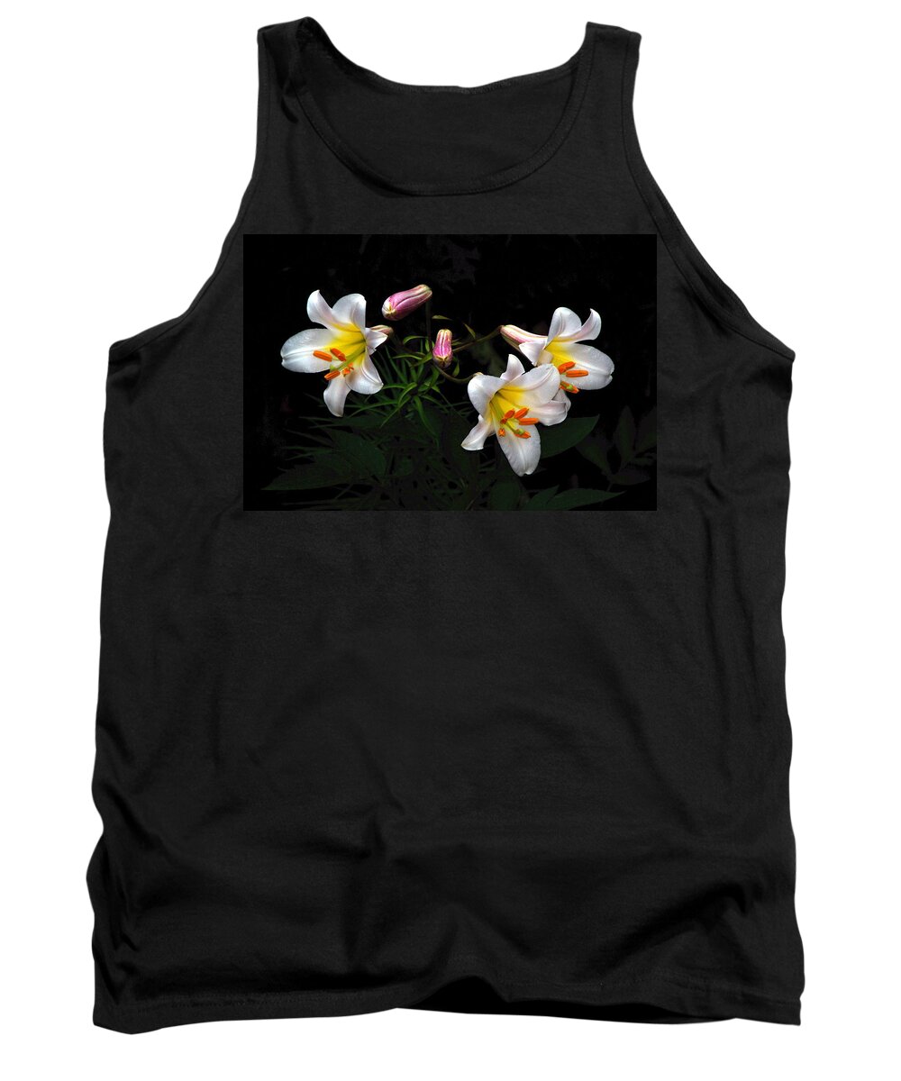 Lilies Tank Top featuring the photograph Dark Day Bright Lilies by Byron Varvarigos