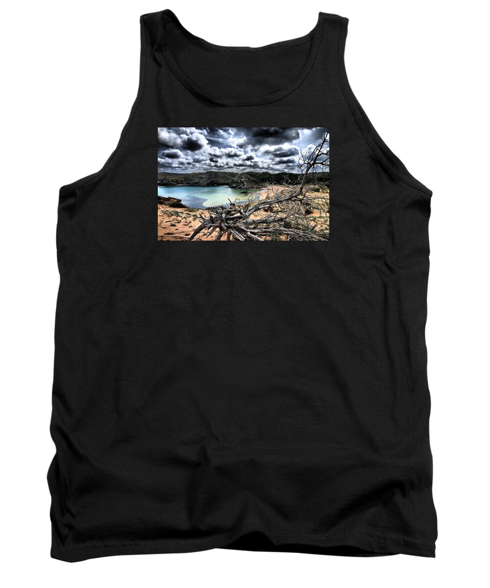 Outdoor Tank Top featuring the photograph Dead Nature Under Stormy Light In Mediterranean Beach by Pedro Cardona Llambias