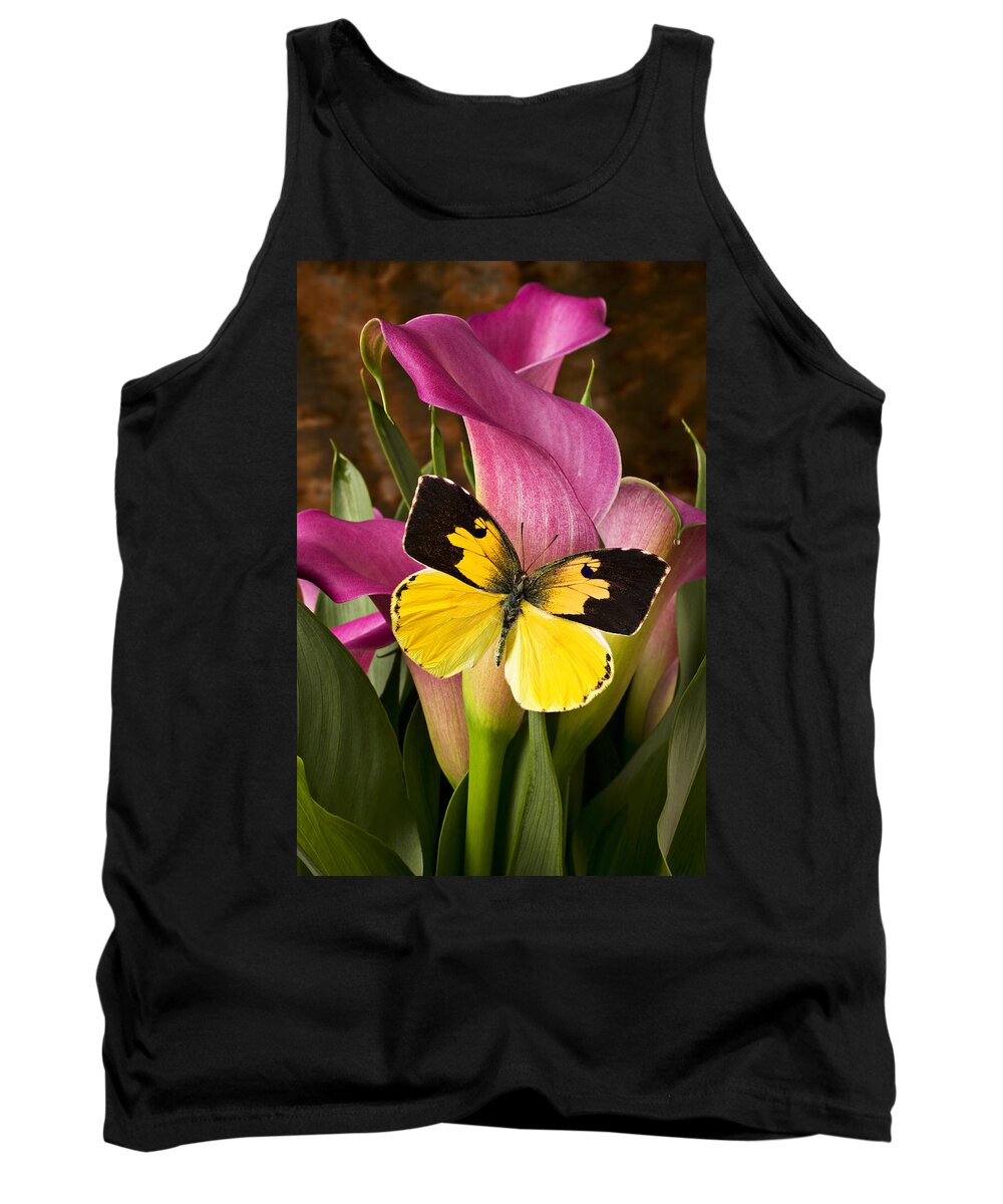 Butterfly Tank Top featuring the photograph Dogface butterfly on pink calla lily by Garry Gay