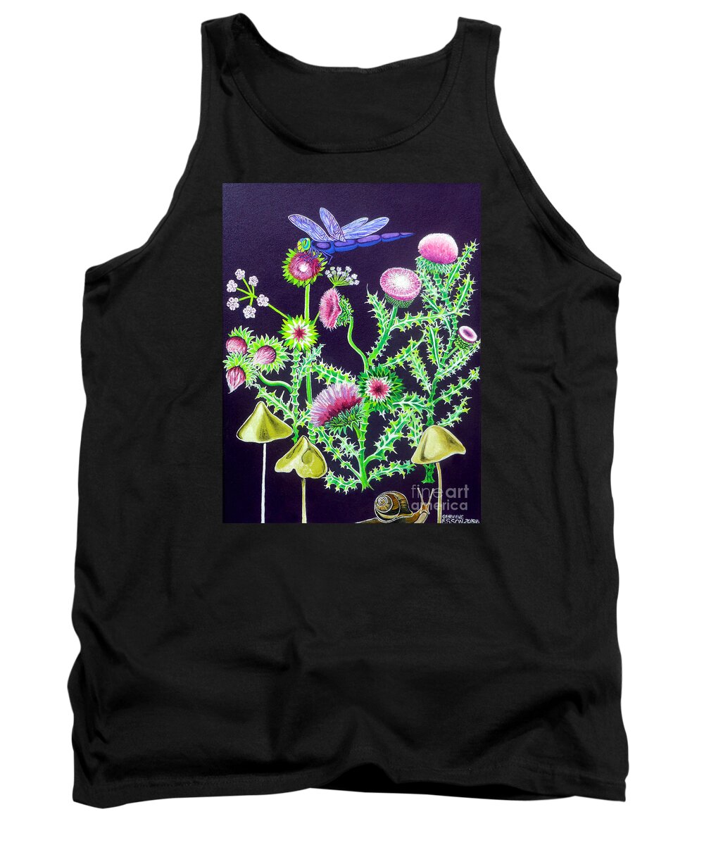 Thistle Tank Top featuring the painting Dragonfly Thistle and Snail by Genevieve Esson
